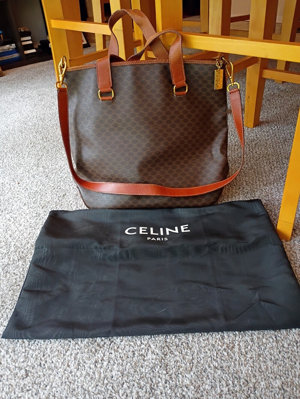 Celine Brown Macadam Canvas Messenger Bag with Tan Leather Trim. With Dust Bag